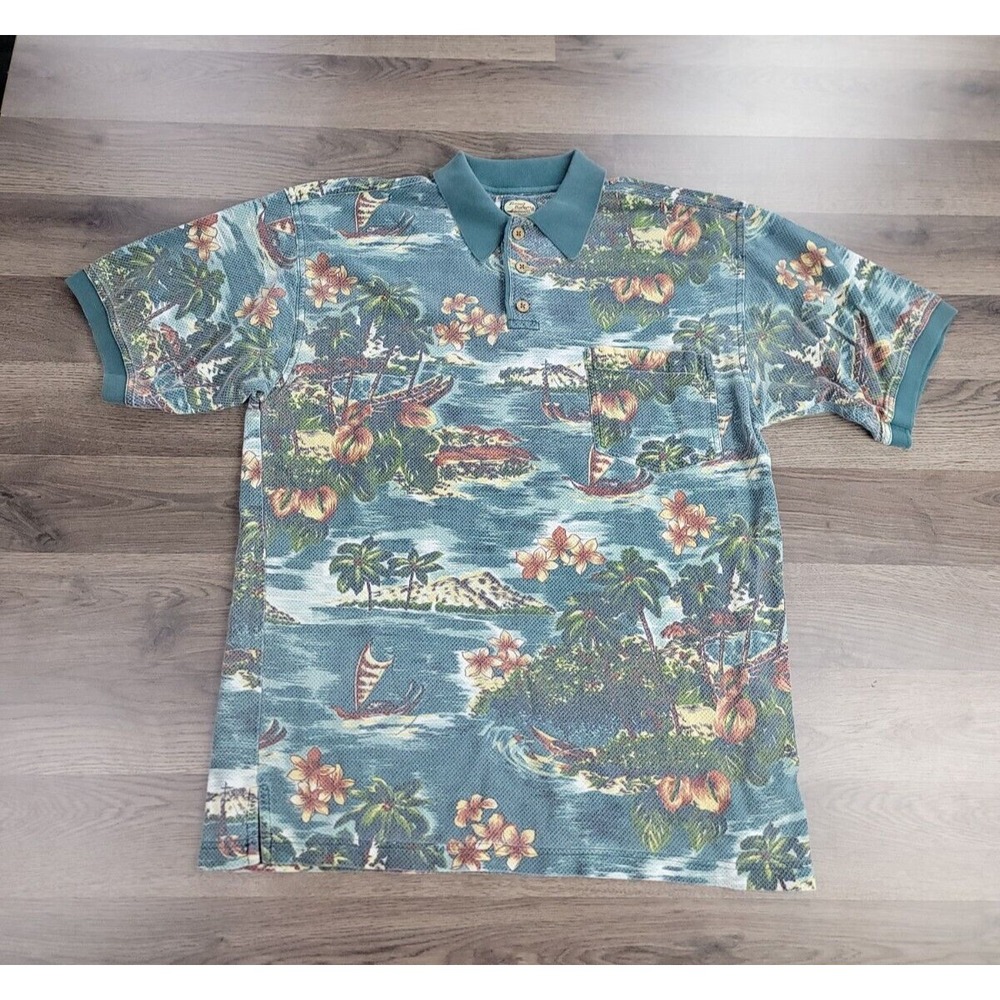 Tommy Bahama Polo Shirt Mens Medium Blue Short Sleeve Tropical Vacation Beach